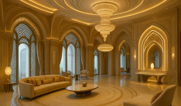 An opulent luxury hotel suite lounge.