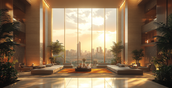 image depicts an ultra luxury hotel lobby with a skyline of buildings visible through the window