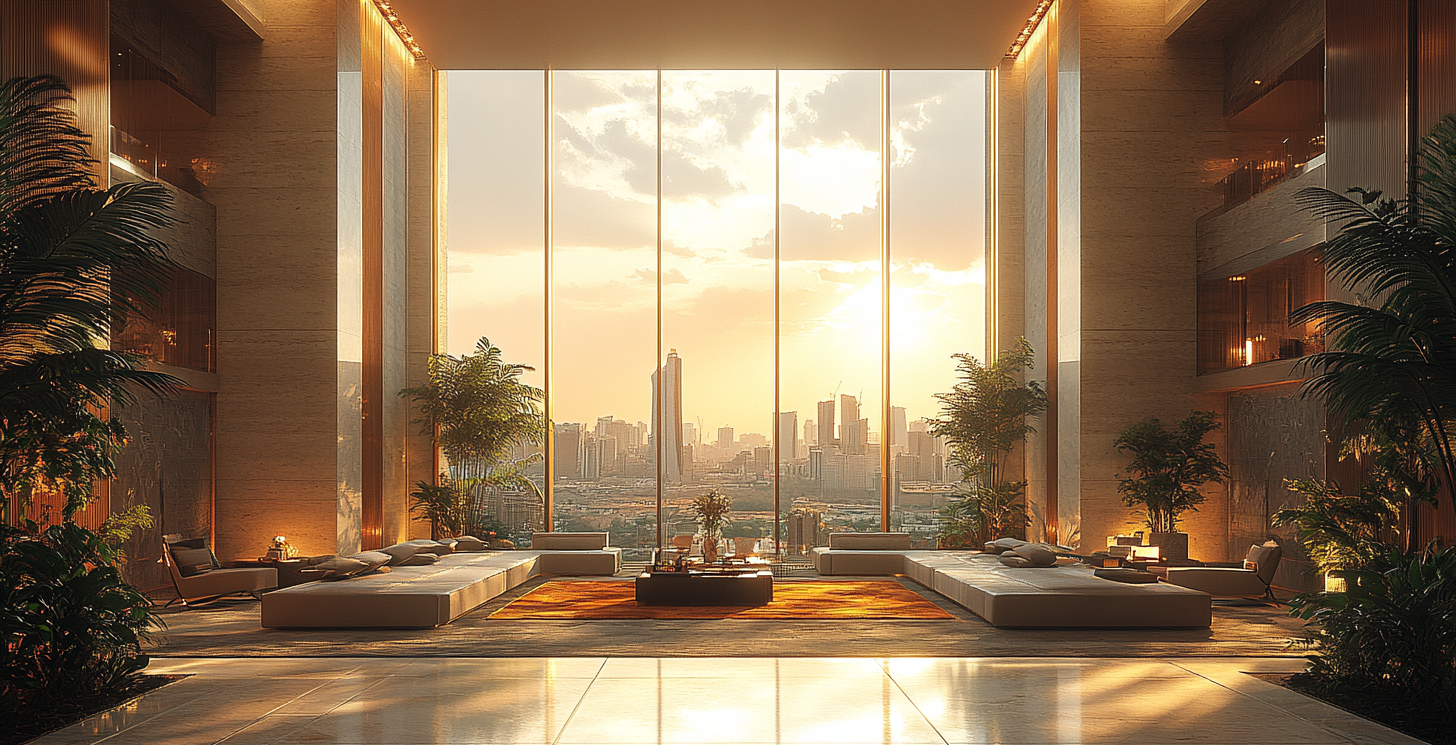 image depicts an ultra luxury hotel lobby with a skyline of buildings visible through the window