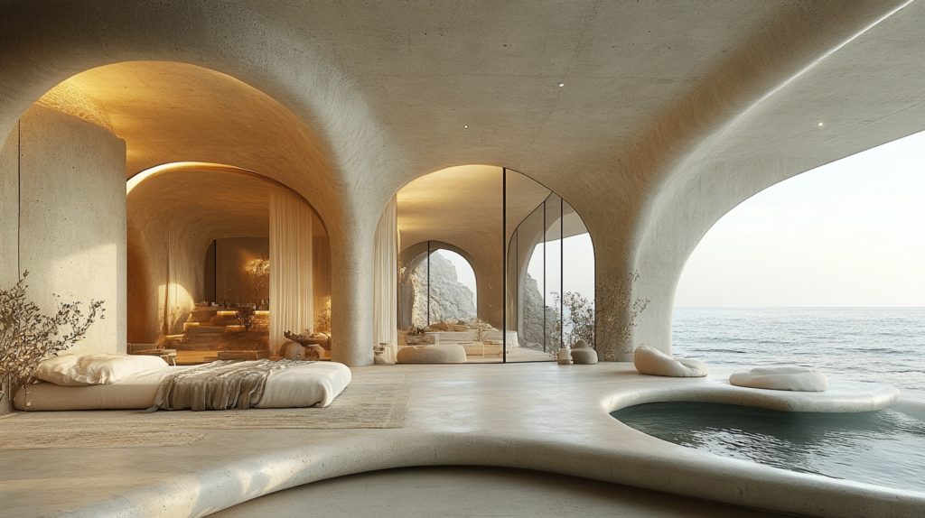 An ultra luxury hotel room with alcove design and direct access to the ocean