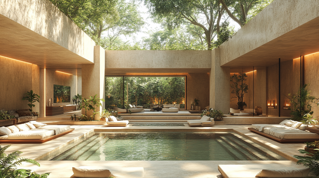 A pool in the leafy courtyard of an ultra luxury hotel