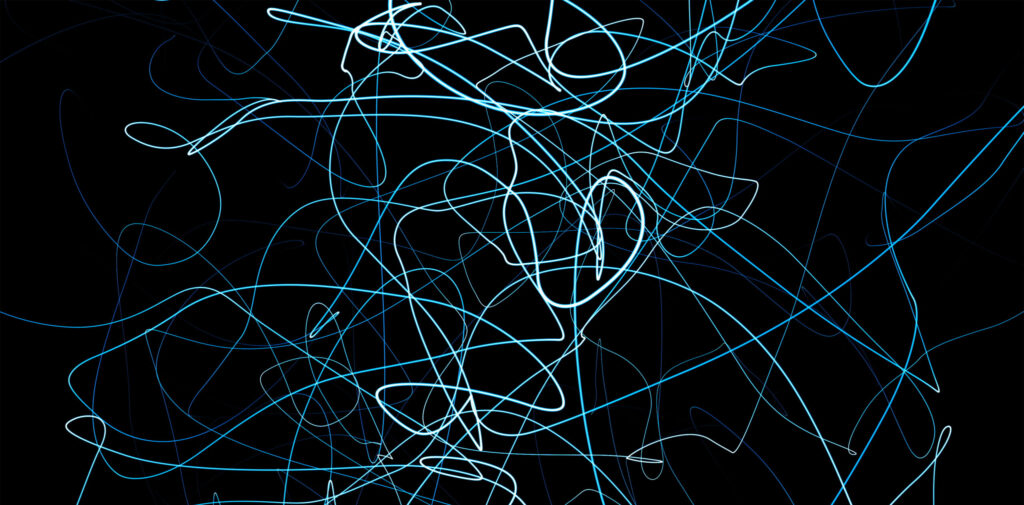 Hand drawing scrawl sketch. Abstract scribble, chaos doodle lines isolated on black background in digital technology concept. Abstract illustration