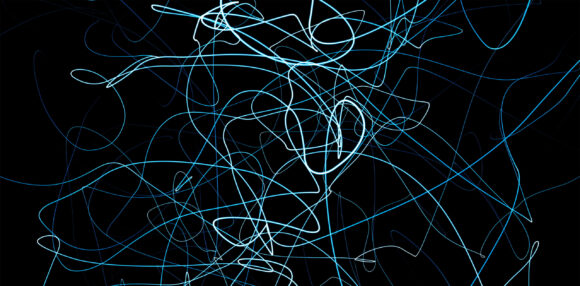 Hand drawing scrawl sketch. Abstract scribble, chaos doodle lines isolated on black background in digital technology concept. Abstract illustration