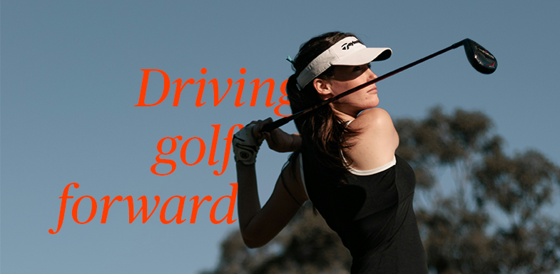 Image depicts a female golfer just after teeing off.