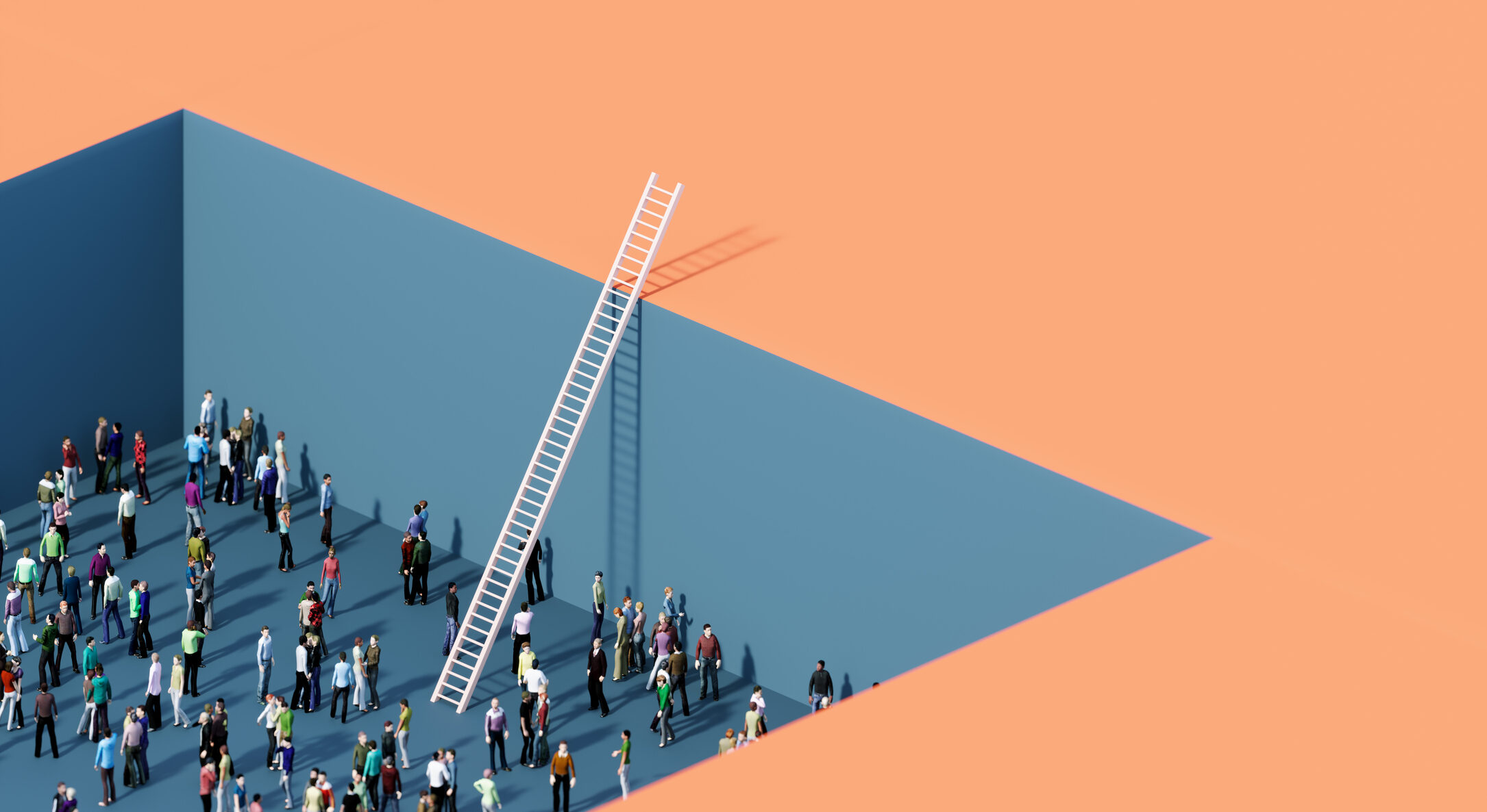 Crowd of people standing in a pit before a white ladder. Challenge and competition concept.