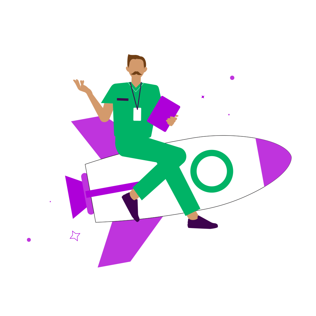 An animated illustration of a doctor riding a rocket