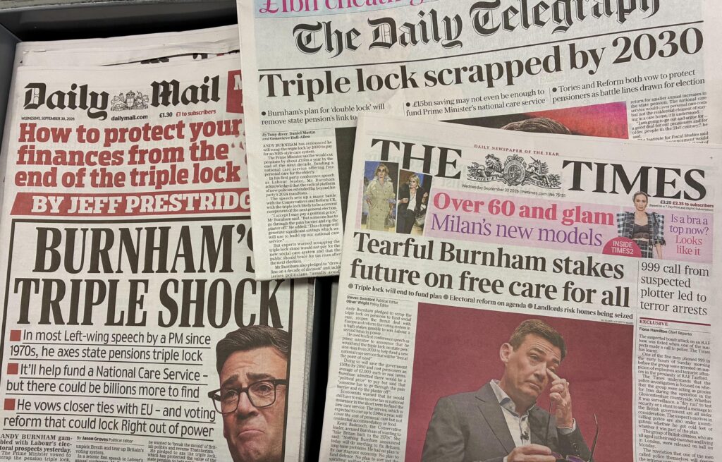 Image depicts different newspapers' headlines about the triple lock