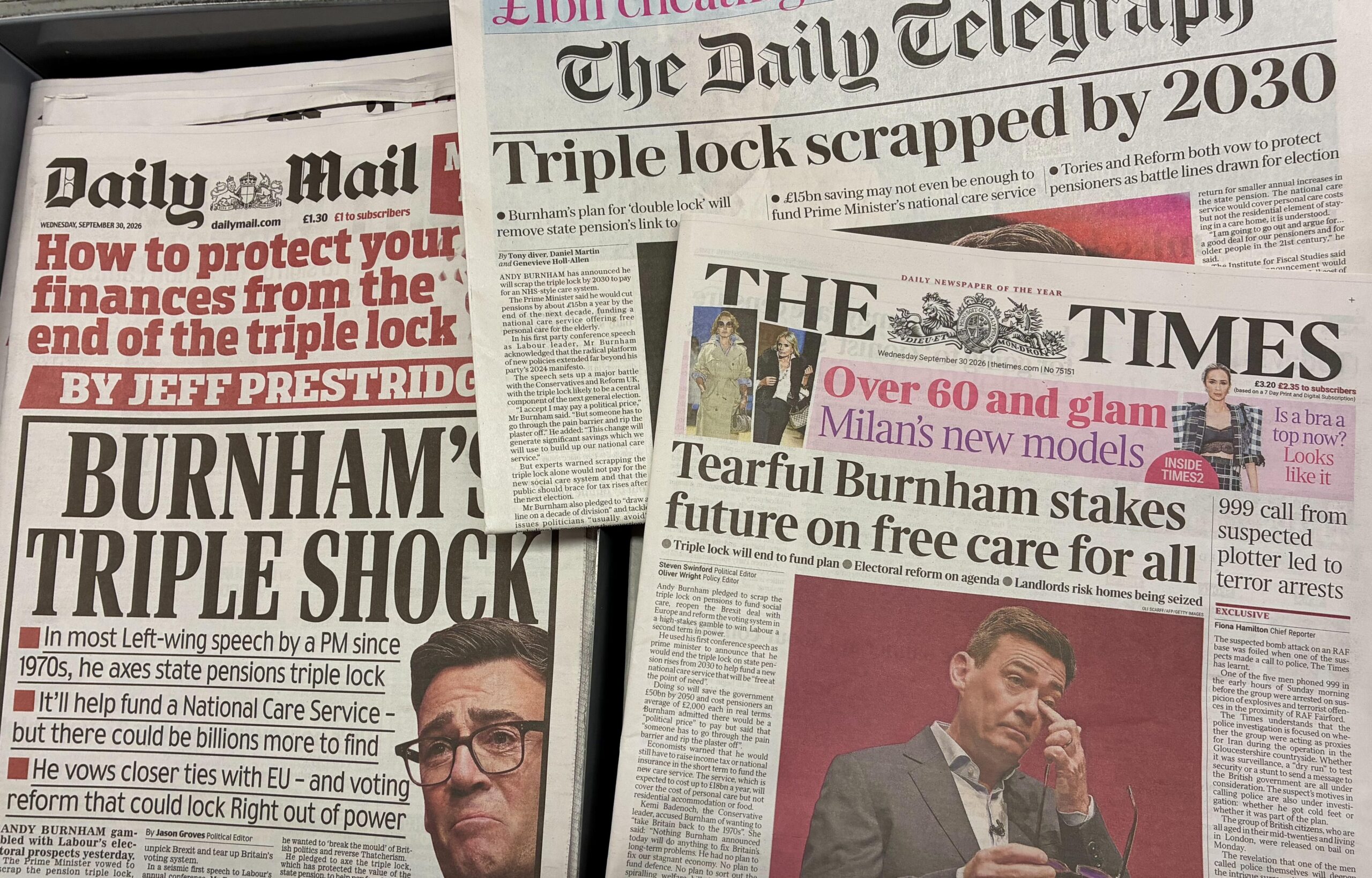 Image depicts different newspapers' headlines about the triple lock